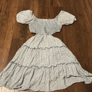 Le Lis Floral Cutout Dress Smocked Puff Sleeve Cottagecore Blue Size S Romantic